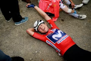 LAGOS DE COVADONGA, SPAIN - MAY 07: Race winner Annemiek Van Vleuten of The Netherlands and Movistar Team - Red Leader Jersey reacts after the 9th La Vuelta Femenina 2023, Stage 7 a 93.7km stage from Pola de Siero to Lagos de Covadonga 1079m / #UCIWWT / on May 07, 2023 in Lagos de Covadonga, Spain. (Photo by Dario Belingheri/Getty Images)
