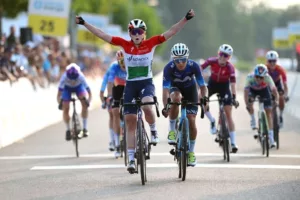 WEINFELDEN, SWITZERLAND - JUNE 17: Kata Blanka Vas of Hungary and Team SD Worx celebrates at finish line as stage winner ahead of Arlenis Sierra Canadilla of Cuba and Movistar Team during the 3rd Tour de Suisse Women 2023, Stage 1 a 56km stage from Weinfelden to Weinfelden / #UCIWWT / on June 17, 2023 in Weinfelden, Switzerland. (Photo by Dario Belingheri/Getty Images)